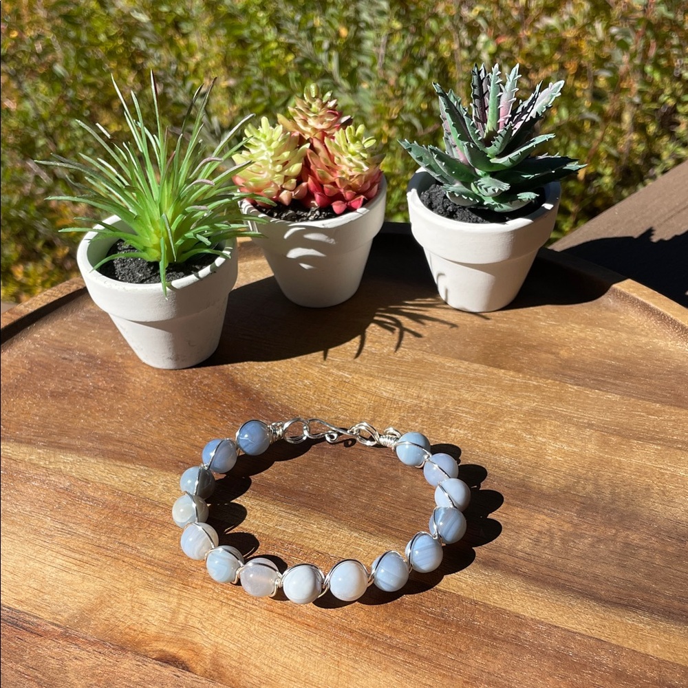 Blue Agate and silver-tone wire wrapped bracelet